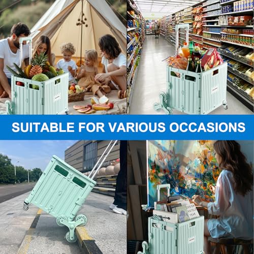 MACOPRO Foldable Utility Cart with Stair Climbing Wheels, Collapsible Rolling Crate with Telescoping Handle, Shopping Trolle Handcart Grocery Book File Tool Art Supplies Teacher Storage Basket(Green) - color: Green