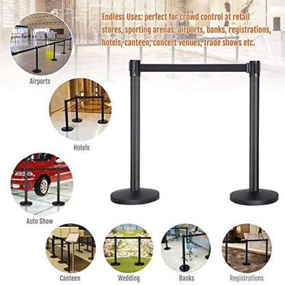Stanchions, 36-Inch Height, 6.5-Foot Retractable Belt, Crowd Control Barriers, Fence, Safety Rope - Set of 2, Black