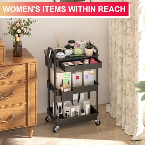 Goovilla 3 Tier Rolling Utility Cart Organizer with Removable Drawer, Black - size: 3 Tier, style: Black
