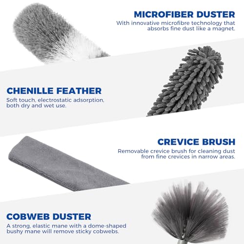 9Pcs Dusters for Cleaning Kit, Extendable Microfiber Duster Tools with 100" Long Pole, Retractable Gap Bendable Dust Cleaner, Reusable Washable Cleaning Supplie for Ceiling Fan Furniture Cars and Home - size: 9 PCS Duster Kits