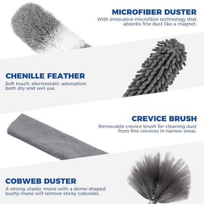 9Pcs Dusters for Cleaning Kit, Extendable Microfiber Duster Tools with 100" Long Pole, Retractable Gap Bendable Dust Cleaner, Reusable Washable Cleaning Supplie for Ceiling Fan Furniture Cars and Home - size: 9 PCS Duster Kits