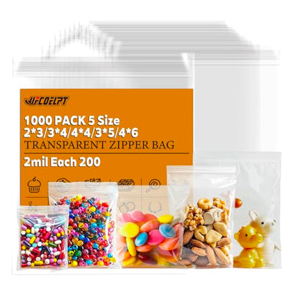 Small Plastic Zip Bags, 5 Sizes, 1000 Count - size: 2×3/3×4/3×5/4×4/4×6inch/each 200pcs