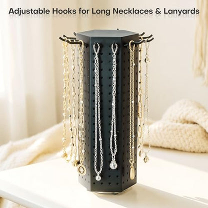 Rotating Pegboard Display Stand, 6-Sided, No Assembly Metal Spinning Display with 36 Hooks – 16" H Heavy Duty Keychain & Jewelry Organizer for Retail, Craft Shows & Vendors (Black)