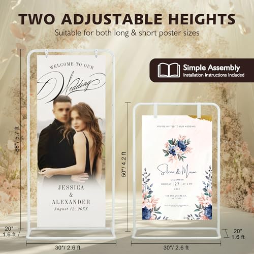 Jolitac Wedding Welcome Sign Holder, Adjustable Wedding Sign Stand Leather Hanging Straps & Design Bundle Heavy Duty Metal Easel Stand for Seating Charts, Bridal Showers, Birthday Party Displays - color: White