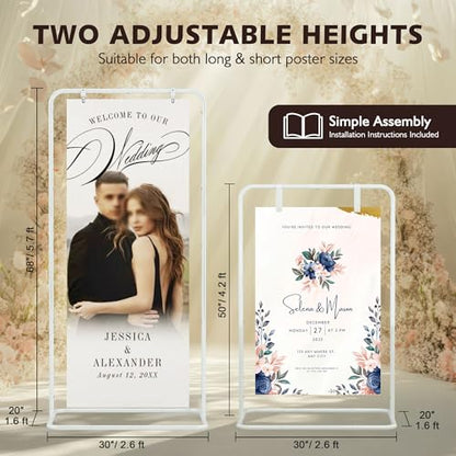 Jolitac Wedding Welcome Sign Holder, Adjustable Wedding Sign Stand Leather Hanging Straps & Design Bundle Heavy Duty Metal Easel Stand for Seating Charts, Bridal Showers, Birthday Party Displays - color: White