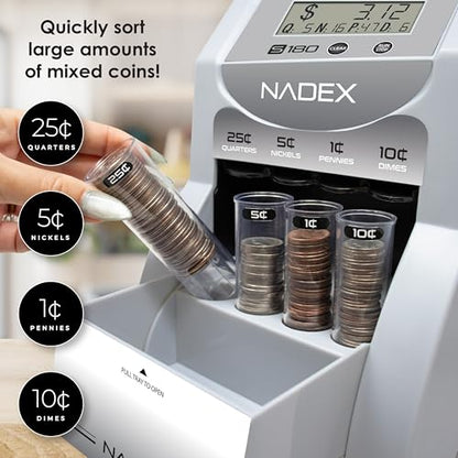 Nadex S180 Digital Coin Sorter and Counter – Displays Total and Denomination Values, Silver