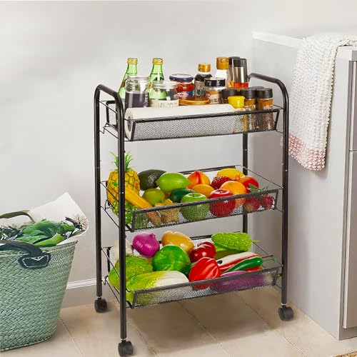 3 Tier Metal Rolling Storage Cart Movable, with Wheels, Black - color: Black