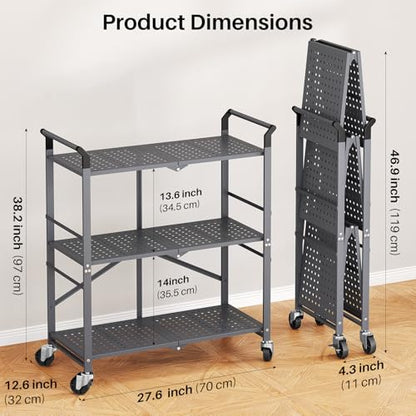 SNTD 3 Tier Rolling Cart, Metal Utility Cart on Wheels, Grey