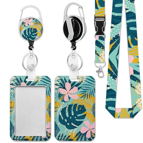 Boho Foliage Botanical Tropical Palm Leaves and Floral Lanyards for ID Badges, Badge Holder with Breakaway Lanyard, Badge Lanyard with Retractable Badge Reel Clip, Teacher Doctor Office Employees - color: Boho Tropical Palm Leaves