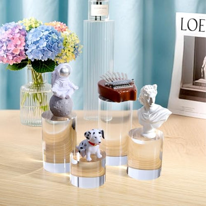 Hacaroa 4 Pcs Acrylic Cylinder Risers Display Stand, Clear Polished Round Display Blocks Transparent Photo Props, Mini Solid Pedestal Base for Jewelry, Perfumes, Figurines, 4 Sizes