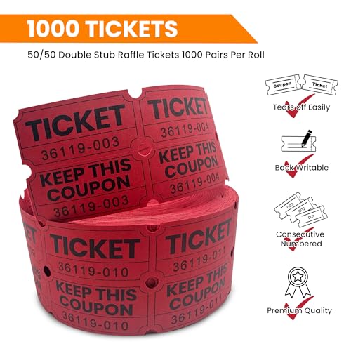 PM Company 2000 Pcs (1000 Pairs) Raffle Tickets Double Roll, 50/50 Red - color: Red