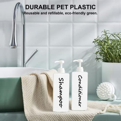 21oz Shampoo and Conditioner Dispenser (Set of 3) Modern Refillable Shampoo Pump Bottles for Shower Soap - Empty Shampoo Conditioner Body Wash Dispenser Set - Stylish Permanent Labels - for Bathroom - color: White