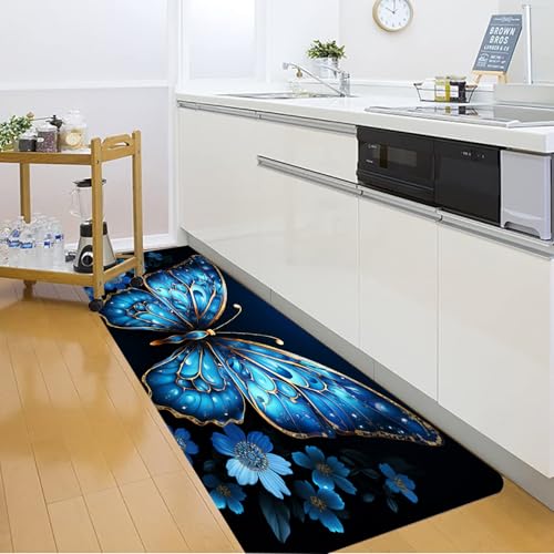 Bathroom Anti-Slip Bath Mat Blue Butterfly Art Mat 47x17 inches - color: Butterfly, size: 1'5" x 3'11" (Rectangular)