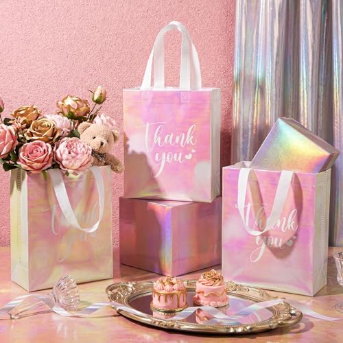 Sweetude 30 Thank You Non Woven Gift Bag, 10 x 8 x 4 Inch, Laser Pink - color: Laser Pink, size: 10 X 8 X 4 Inch