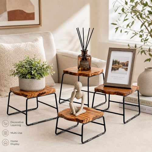 ZENFUN 4 Piece Wood Buffet Risers, Dessert Table Risers Food Display Riser, Pizza Pan Riser, Cupcake Stand & Wood Display Risers, Nesting Food Platter and Plate Holder
