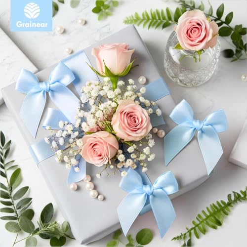 50 Pcs Light Blue Satin Ribbon Bows, 3.5" x 3.5", with Twist Ties - color: Light Blue
