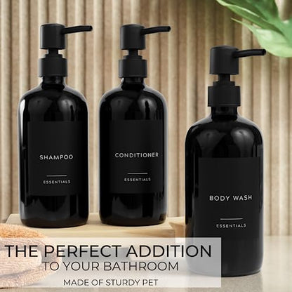 Stylish Shampoo & Conditioner Dispenser Set of 3 - Black 21oz Bottles - color: Black