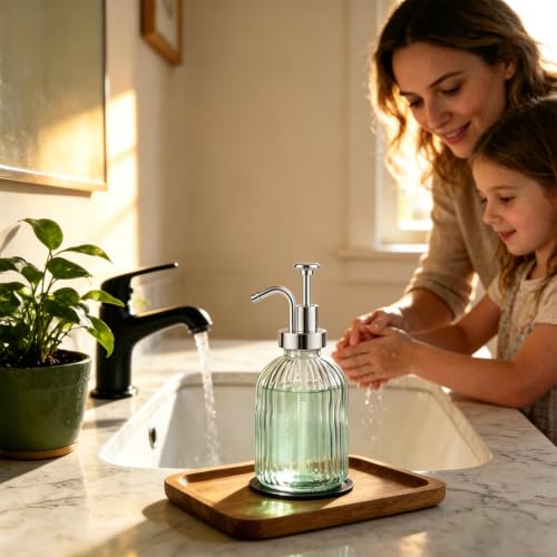 SheeChung 12oz Clear Glass Liquid Soap Dispenser,Silver Pump,Striped,1 Pack - color: Clear, Silver Pump, 1pc