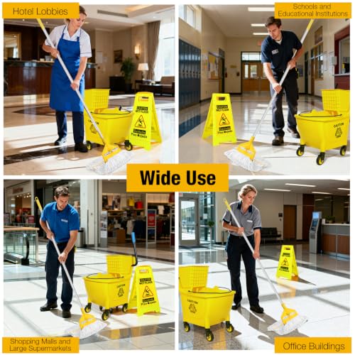 35Qt Commercial Mop Bucket with Side Press Wringer on Wheels Yellow