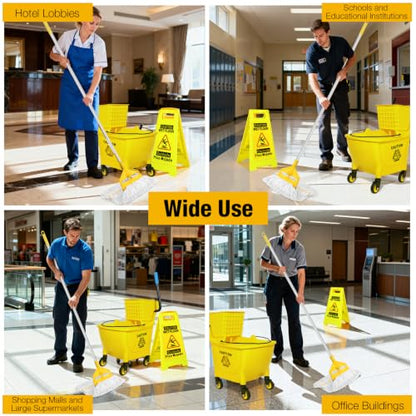 35Qt Commercial Mop Bucket with Side Press Wringer on Wheels Yellow