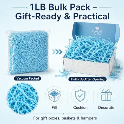 STRBOXONG Light Blue Crinkle Paper Filler 1 LB, Dust-Free Crinkle Cut Paper Shred for Baby Shower Gifts, Birthday Gift Boxes, Gift Baskets, Party Favors, DIY Crafts and Small Business Packaging - color: Light Blue