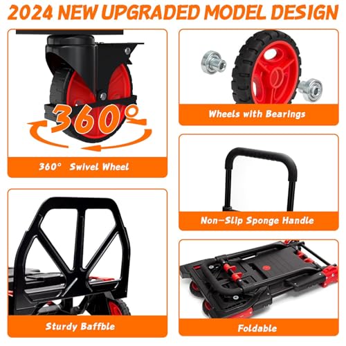 2-in-1 Folding Hand Truck with Folding Basket,Hand Truck with Retractable Handle, 330LBS Capacity Heavy Duty Hand Dolly, Dolly Cart with Wheels for Luggage/Moving/Travel - color: Red-a