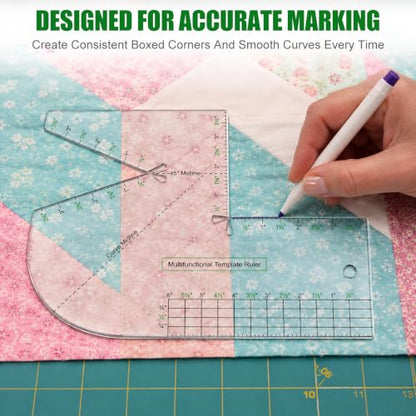 2 Pack Boxed Bag Making Template, 7.5x10 Inch Acrylic Patchwork Ruler Sewing Tools Set for Beginners, 3mm Thick Curve Notion Bag and Zip Pocket DIY Stencils, Transparent