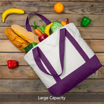 TOPDesign 1-Pack Canvas Tote Bag with an External Pocket, Reusable Grocery Shopping Bag, Top Zipper Closure, Daily Essentials (Purple/Natural) - color: Purple/Natural