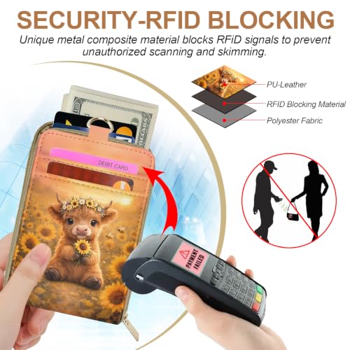 Highland Cow Sunflower Lanyard Wallet Credit Card Holder Small Wallet for Women, Slim RFID Blocking ID Badge Holder Keychain with Zipper Coin Pocket, Thin Travel Card Case with ID Window Ladies Gifts - color: Highland Cow Sunflower Yellow
