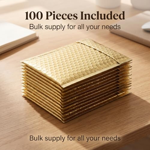 100 PCS 5 x 6 Inch Metallic Bubble Mailers, Gold Padded Mailing Envelopes, Practical Self Seal Aluminum Film Shipping Envelopes for Packing, Mailing - color: Gold