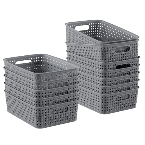 12 Pack Plastic Storage Baskets, Small Baskets for Organizing, Plastic Storage Bins Wicker Pantry Organizer Bins Household Toys for Laundry Room, Bedrooms, Kitchens, Cabinets, Countertops - color: 12 Pack Large Drak