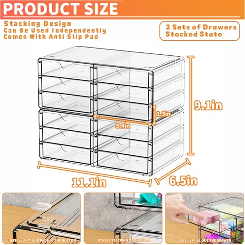 Yieach 2 Pack Acrylic Storage Drawers With 12 Small Drawer,Stackable Office Cabinet Organizer and Makeup Organizer,Clear Plastic Drawers for Craft Supply,Pen,Stationary,Accessory,Makeup,Desk Organizer - size: Large-12 Drawers-2Pack