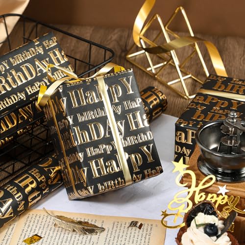 WRAPAHOLIC 30 Inch 3D Kraft Birthday Wrapping Paper Roll - 30 Inch x 16.5 Feet - Gold and Black Happy Birthday Wrapping Paper with Embossed Perfect for Holiday, Party Celebration - color: Black & Gold Happy Birthday, size: 30 inch x 16.5 feet
