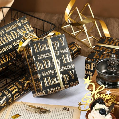 WRAPAHOLIC 30 Inch 3D Kraft Birthday Wrapping Paper Roll - 30 Inch x 16.5 Feet - Gold and Black Happy Birthday Wrapping Paper with Embossed Perfect for Holiday, Party Celebration - color: Black & Gold Happy Birthday, size: 30 inch x 16.5 feet