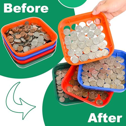 LLIKED Coin Sorter Tray & Tube Set - 4 Trays + 4 Tubes + 100 Wrappers