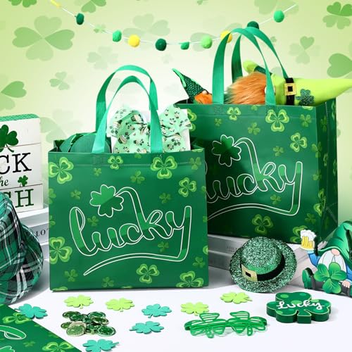 Abbylike St Patrick's Day Lucky Reusable Non Woven Goodie Bags Green - style: Lucky
