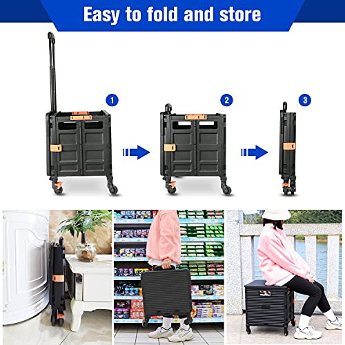 Foldable Utility Cart,Rolling Crate Heavy Duty Shopping Cart with 360° Silent Wheel with Brake System,55L Capacity,Transport Weight up to 177 Pounds,Travel Shopping Moving Luggage Office Use - color: Black&blue Lid