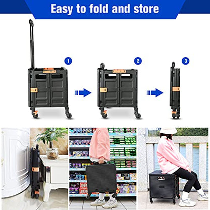 Foldable Utility Cart,Rolling Crate Heavy Duty Shopping Cart with 360° Silent Wheel with Brake System,55L Capacity,Transport Weight up to 177 Pounds,Travel Shopping Moving Luggage Office Use - color: Black&blue Lid