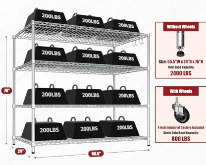 PrimeZone 4 Tier NSF Steel 55.5" Wx24 Dx76 H Wire Shelving 2400lbs - size: 55.5" W x 24" D x 76" H