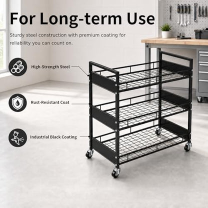 34" Extra-Wide Heavy-Duty 3-Tier Metal Utility Cart on Wheels for Warehouse - color: Premium Black