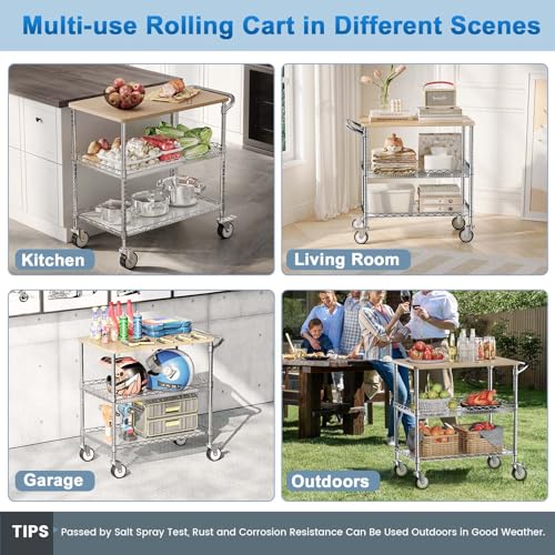 Rolling Kitchen Carts with Wheels, 3-Tier Utility Cart with Wood Tabletop - color: Wood-chrome