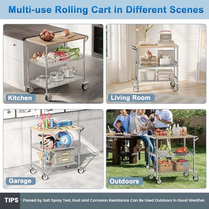Rolling Kitchen Carts with Wheels, 3-Tier Utility Cart with Wood Tabletop - color: Wood-chrome