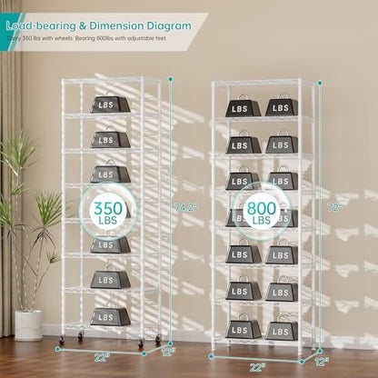 SINGAYE 8 Shelves Storage Wire Shelf Closet Metal Shelving Pantry Wheels - color: White, size: 8Tier/12"D X 22"W X 74"H