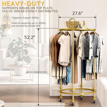 Rolling Round Garment Rack, Gold Clothing Rack with Wheels and Topper - color: Gold