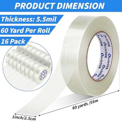 Oleitodh 16 Rolls Strapping Tape 1 Inch x 60 Yards 5.5 Mil Fiberglass Tape - size: 1in x 60Yds