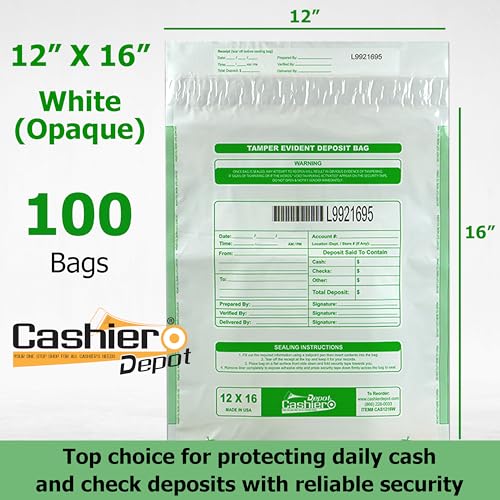 100 Cashier Depot - Tamper Evident Bank Deposit Bags, 12 x 16 Inches, White, 100 Count, Press & Seal Void Closure, Serialized Numbering with Barcode, Made in USA