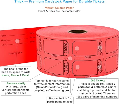 Tacticai 1000 Blank Raffle Tickets, 50/50 Double Roll, Red - color: B - Double Roll - 1,000 Tickets - Blank - Red