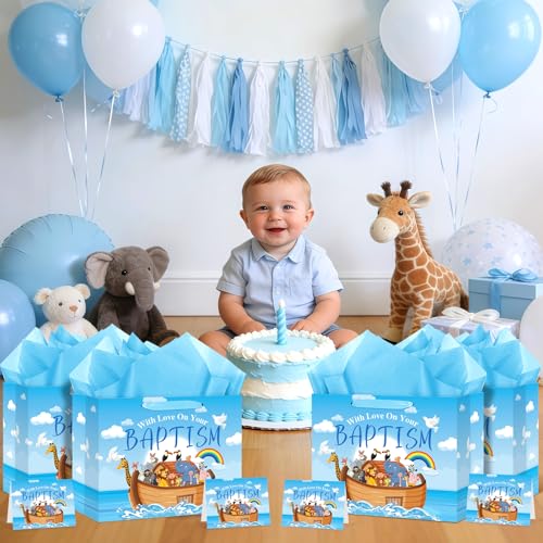 Neptniopllab Large Baptism Gift Bags for Boys,Blue Religious Christian Birthday Gift Bag with Greeting Card and Tissue Paper for Baby Boy First Communions Baptism Christenings (Baptism) - color: Baptism