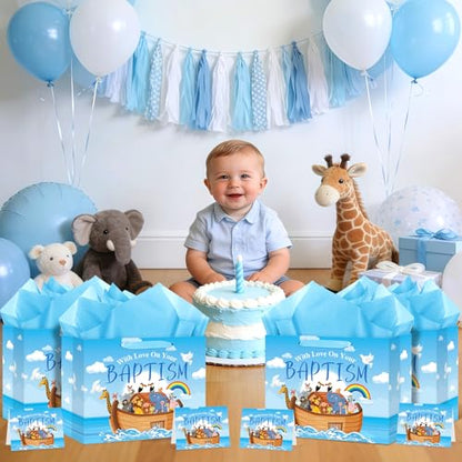 Neptniopllab Large Baptism Gift Bags for Boys,Blue Religious Christian Birthday Gift Bag with Greeting Card and Tissue Paper for Baby Boy First Communions Baptism Christenings (Baptism) - color: Baptism