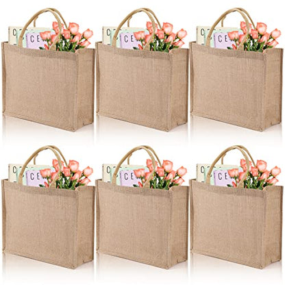 DEAYOU 6 Pack Large Jute Burlap Tote Bag, Jute Beach Bag with Laminated Interior, Burlap Gift Tote with Handle, Reusable Lined Market Grocery Shopping Bag for DIY, Wedding,15.4''x12.2''x5.9''